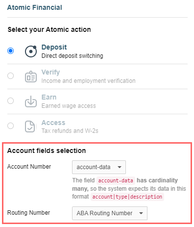 Configuring an Atomic Financial action for multiple accounts accounts