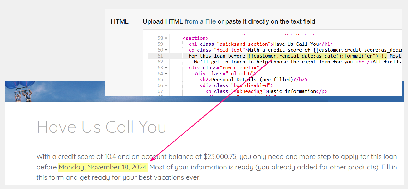 Example of date transformations on a landing page