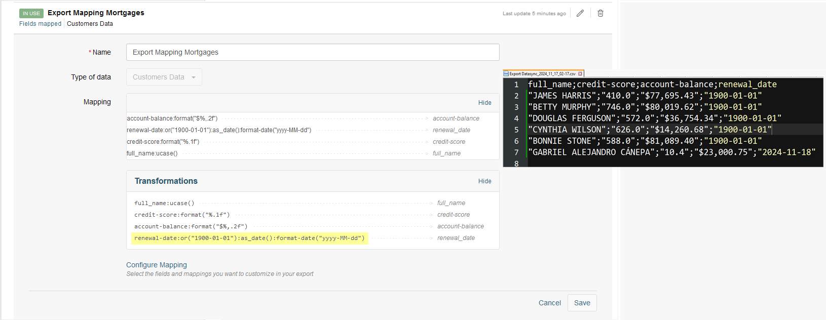 Example of date transformation in a data export