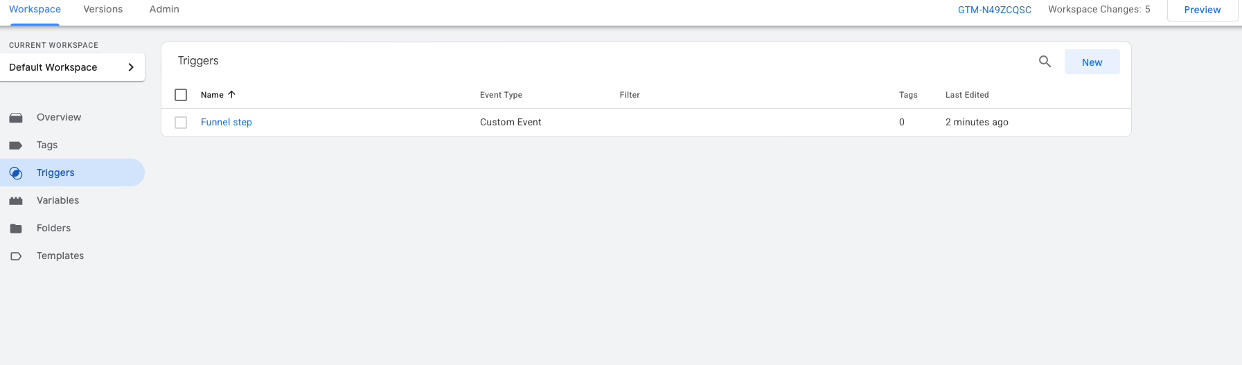 GTM Triggers list showing the Funnel step trigger