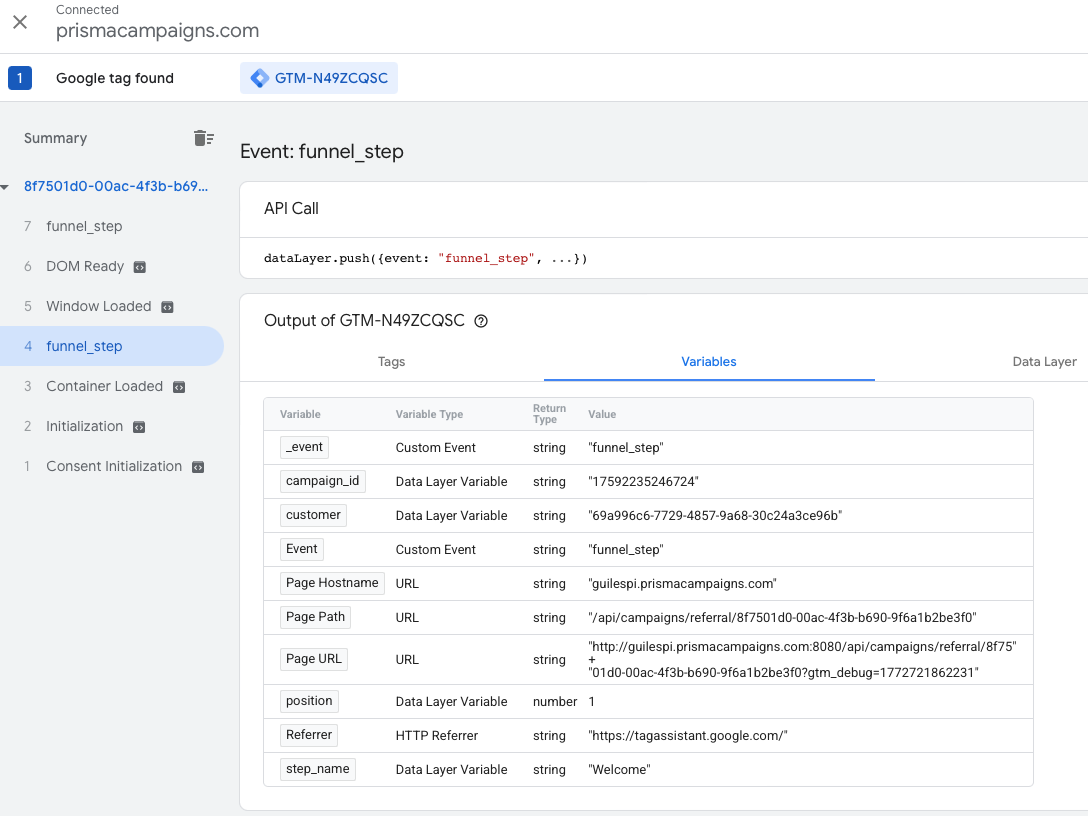 Verification of the funnel_step event in GTM Preview mode