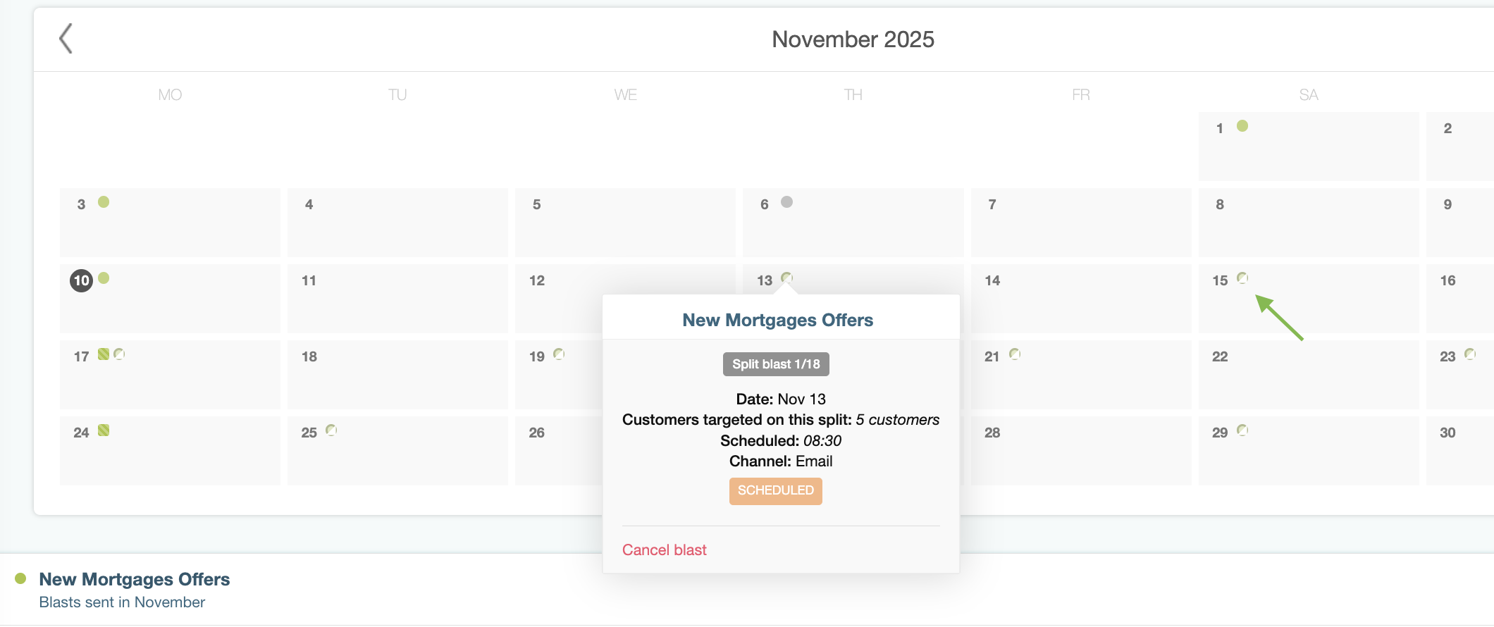 Split blast calendar view