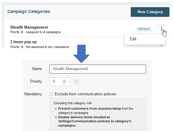 View and edit default category